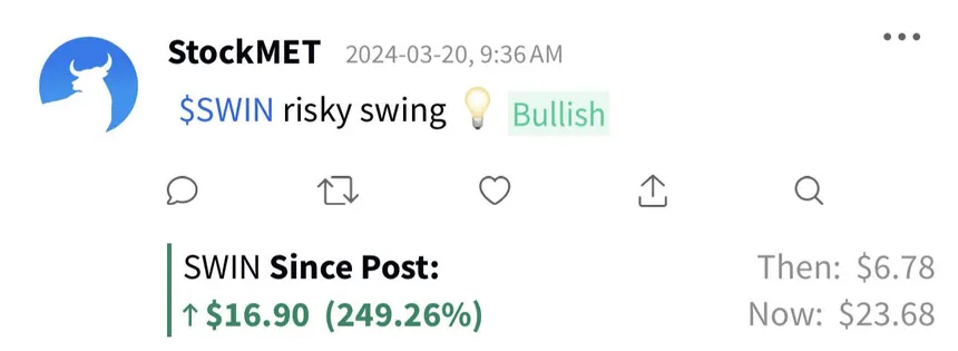 StockMET alert $SWIN: up 249.26% since post (then $6.78, now $23.68)