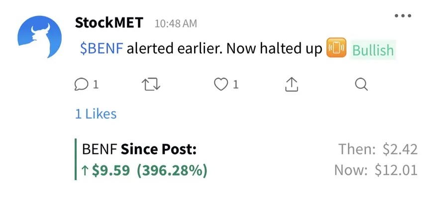 StockMET alert $BENF: up 396.28% since post (then $2.42, now $12.01)