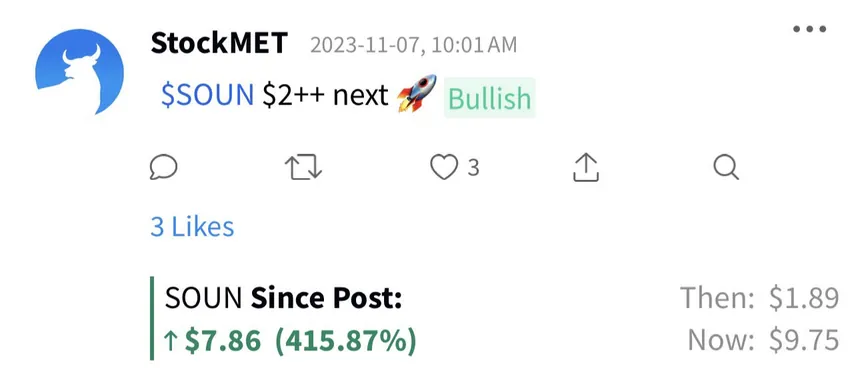 StockMET alert $SOUN: up 415.87% since post (then $1.89, now $9.75)