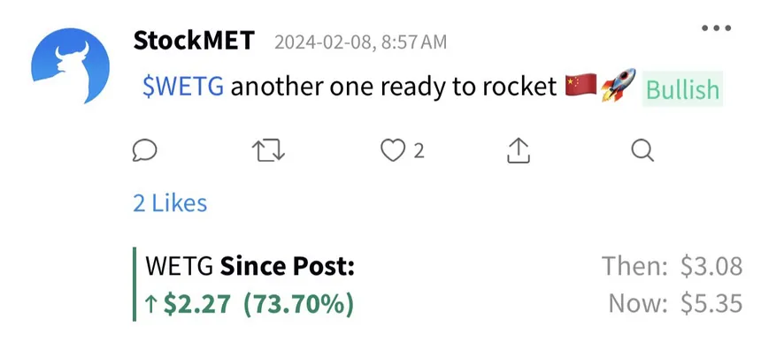 StockMET alert $WETG: up 73.70% since post (then $3.08, now $5.35)